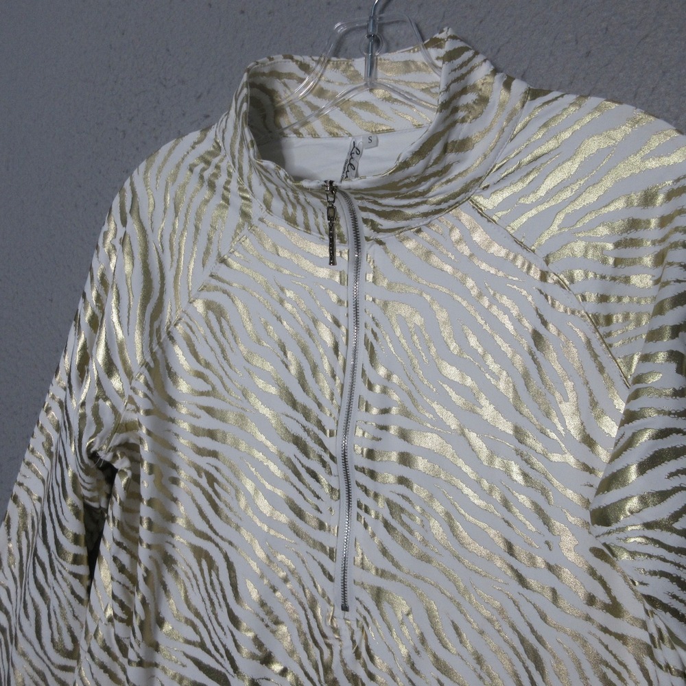 Lulu-B Pullover Gold Zebra Quarter Zip Mock‎ Neck Metallic Resort Statement UPF